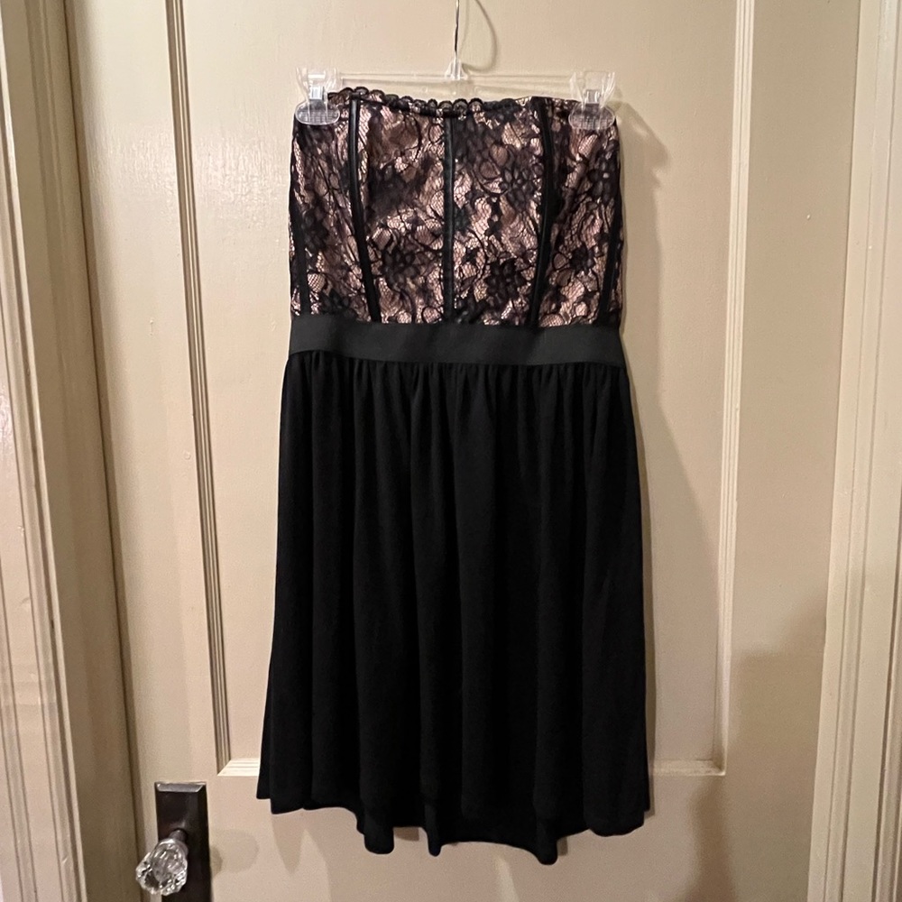 Elle Strapless Lacy Satin Dress in Black and Pink with Matching Hairband